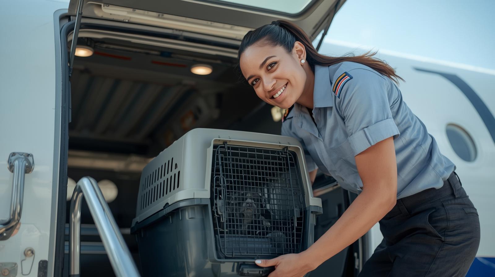 An airline employee carefully loading a pet crate into cargo