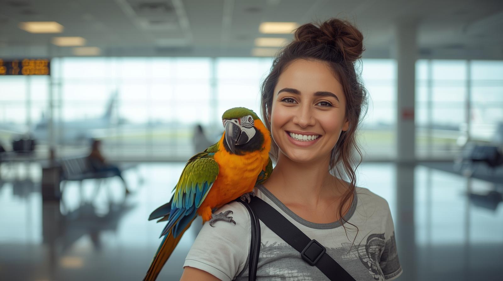 A person holding a parrot at an airport terminal