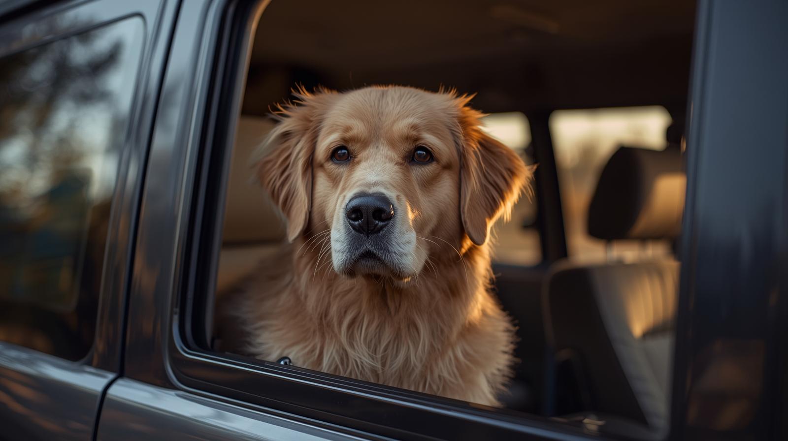 A golden retriever looking out the window of a comfortable van
